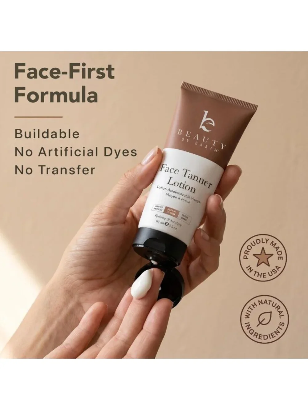 Natural Face Tanner - Streak-Free Sunless Tan, Hydrating Vegan Lotion with Aloe